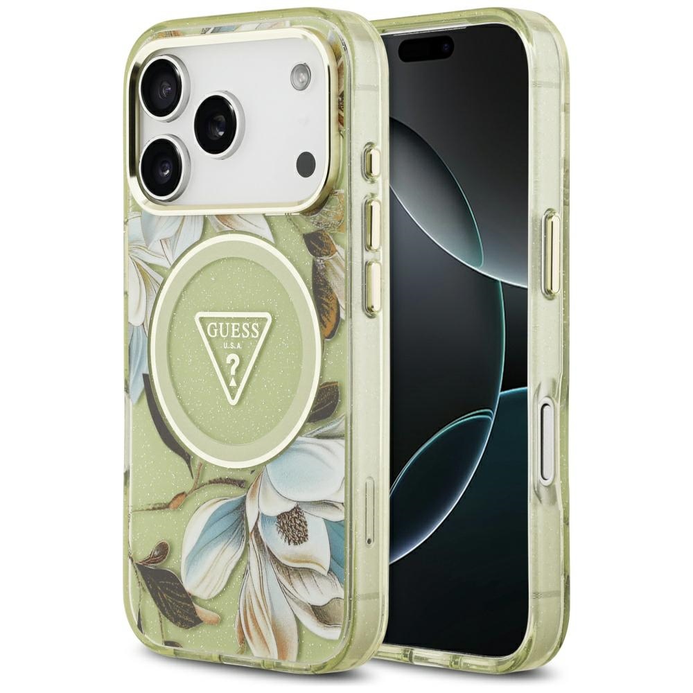 GUESS ümbris jaoks IPHONE 17 Pro Max compatible with MagSafe GUHMP17XHFLPEDN (IML Metal Glitter Flowers Triangle) roheline