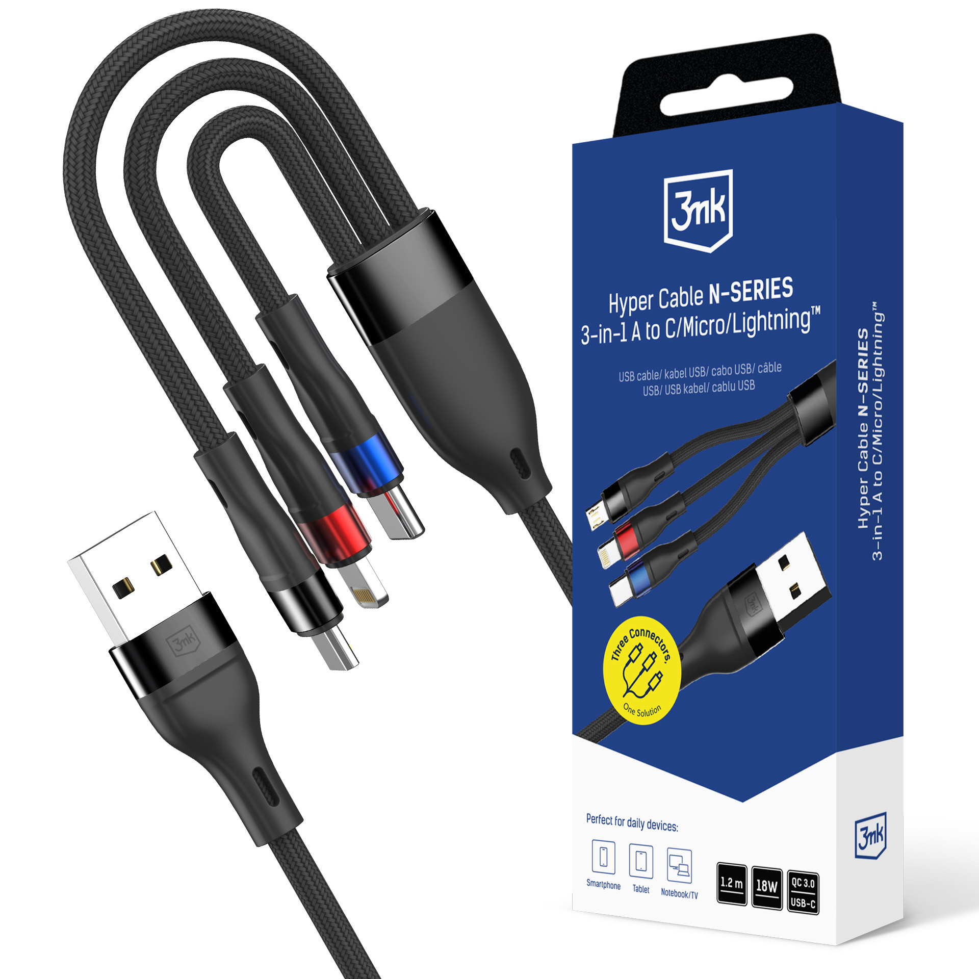 3mk Hyper Cable N-SERIES 3 in 1 USB-A / Lightning / Micro 1.2m 9V/2A 18W - must