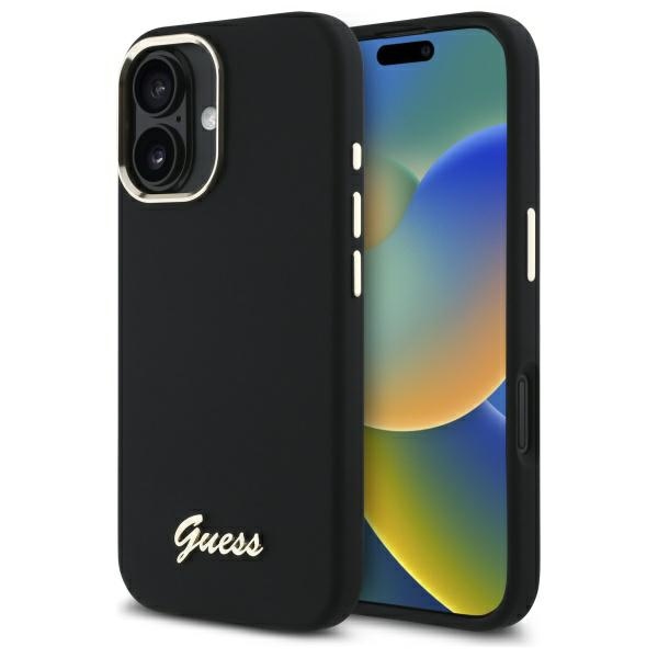Guess Silicone Script Metal Logo & Frame Ümbris jaoks iPhone 16 Plus - must
