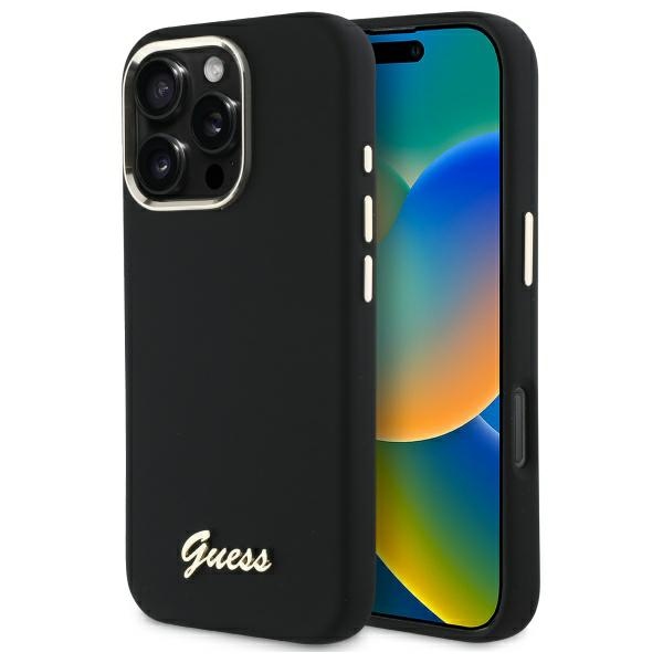 Guess Silicone Script Metal Logo & Frame Ümbris jaoks iPhone 16 Pro Max - must