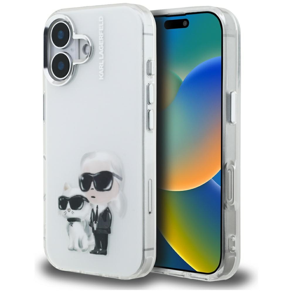 Karl Lagerfeld IML Aquarelle Karl & Choupette & Logo iPhone 16 Ümbris - valge