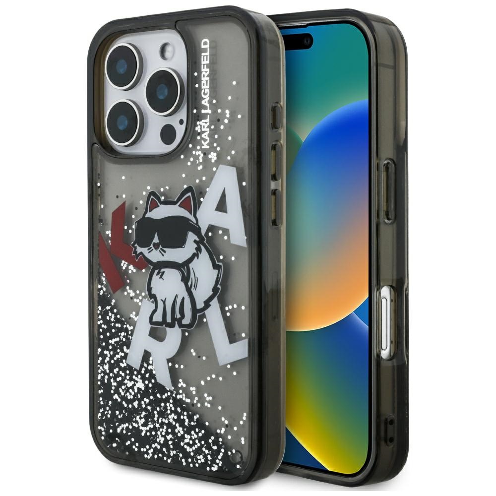 Karl Lagerfeld Liquid Glitter Choupette Logo Ümbris jaoks iPhone 16 Pro Max - must