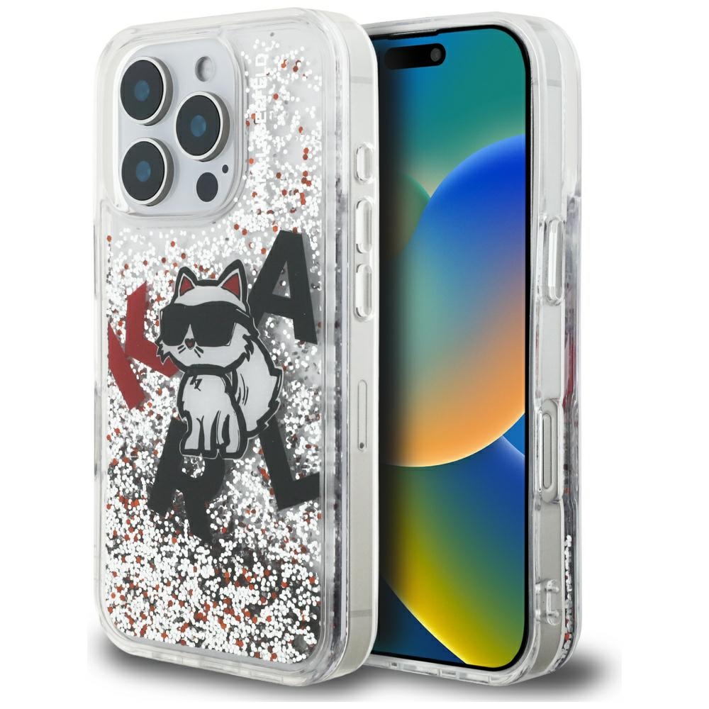 Karl Lagerfeld Liquid Glitter Choupette Logo Ümbris jaoks iPhone 16 Pro Max - Läbipaistev