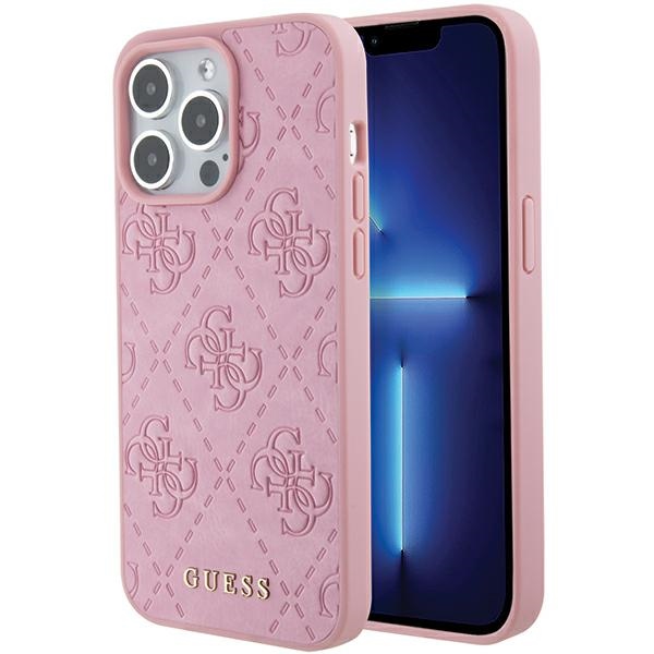 Guess nahast 4G Stamped ümbris iPhone 15 Pro roosa