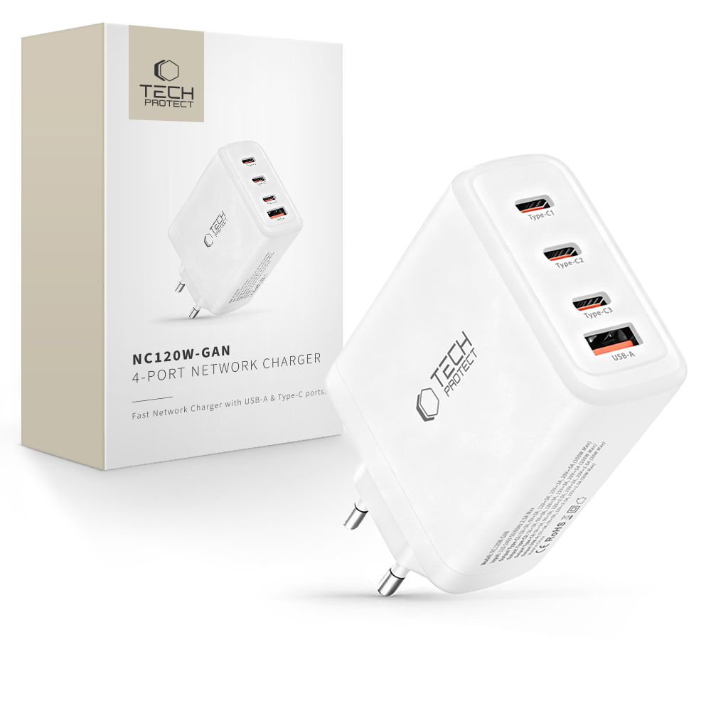 Tech-Protect NC120W-GAN 4-portiline 120W seinalaadija - valge