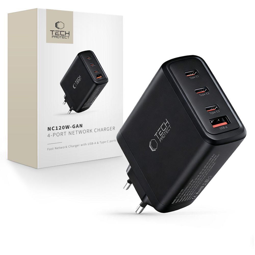 Tech-Protect NC120W-GAN 4-portiline 120W seinalaadija - must