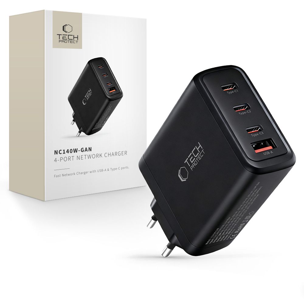 Tech-Protect NC140W-GAN 4-portiline 140W seinalaadija - must