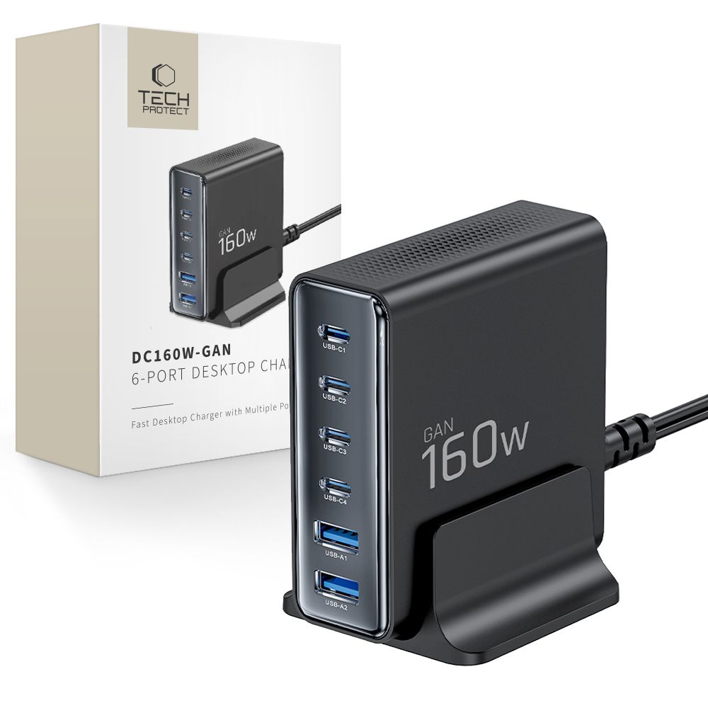 Tech-Protect DC160W-GAN 6-portiline 160W seinalaadija - must