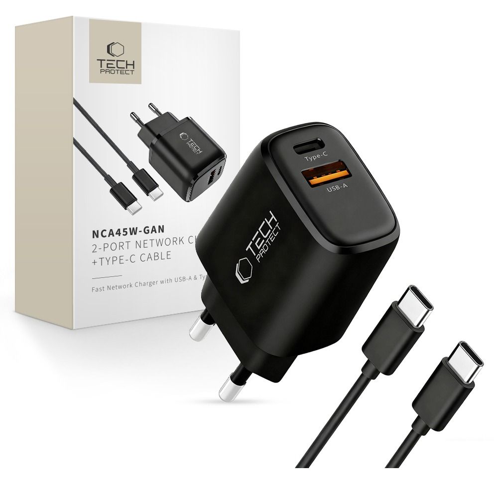 Tech-Protect NCA45W-GAN 2-portiline 45W seinalaadija USB-C kaabliga - must