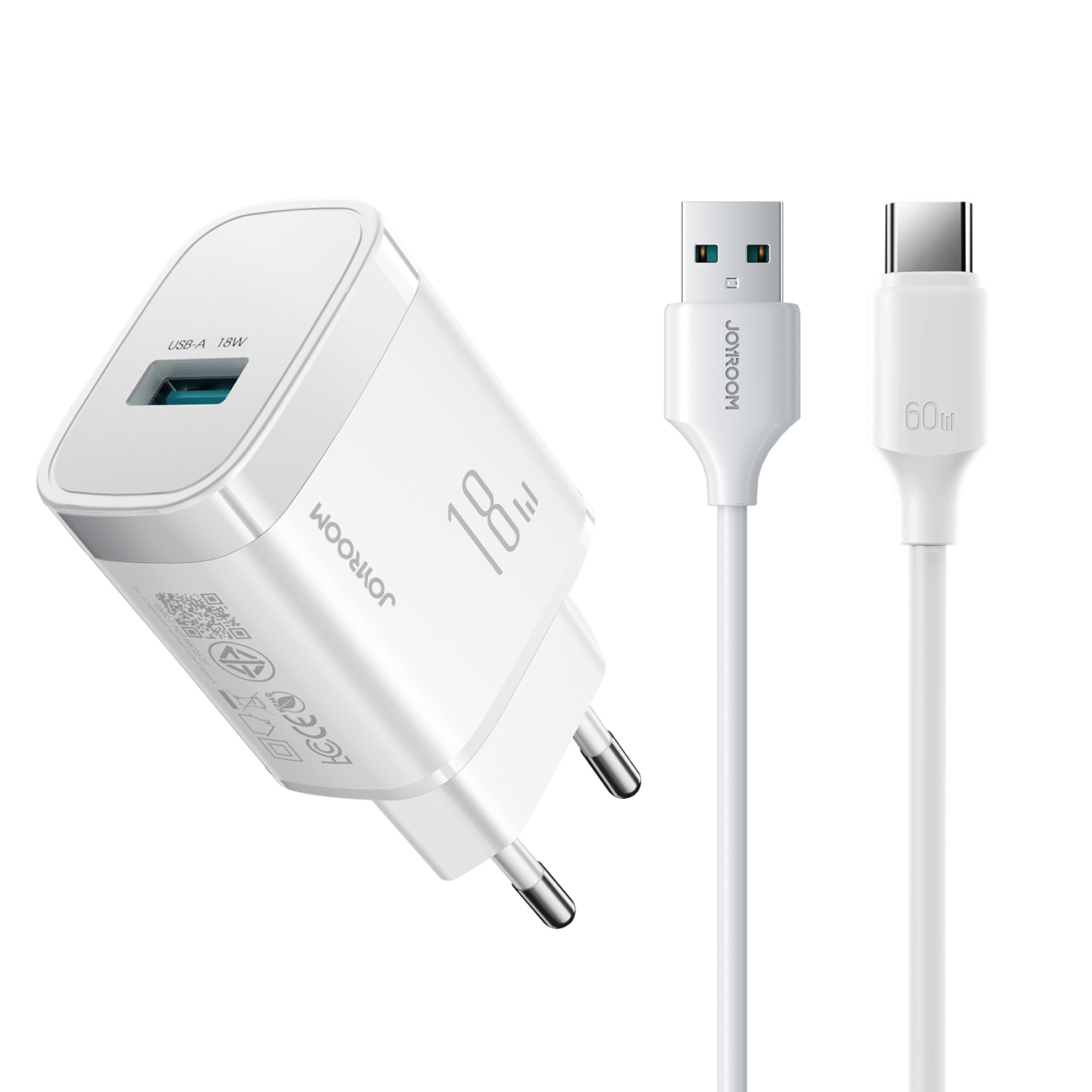 Joyroom JR-TF4 18W сетевое зарядное устройство с кабелем USB-A — USB-C 3A 1м — белый