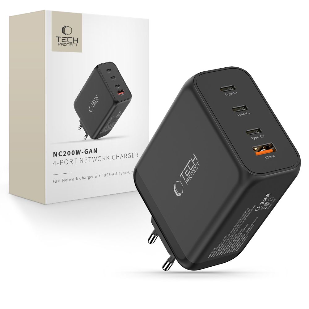Tech-Protect NC200W-GaN 4-portiline 200W seinalaadija - must