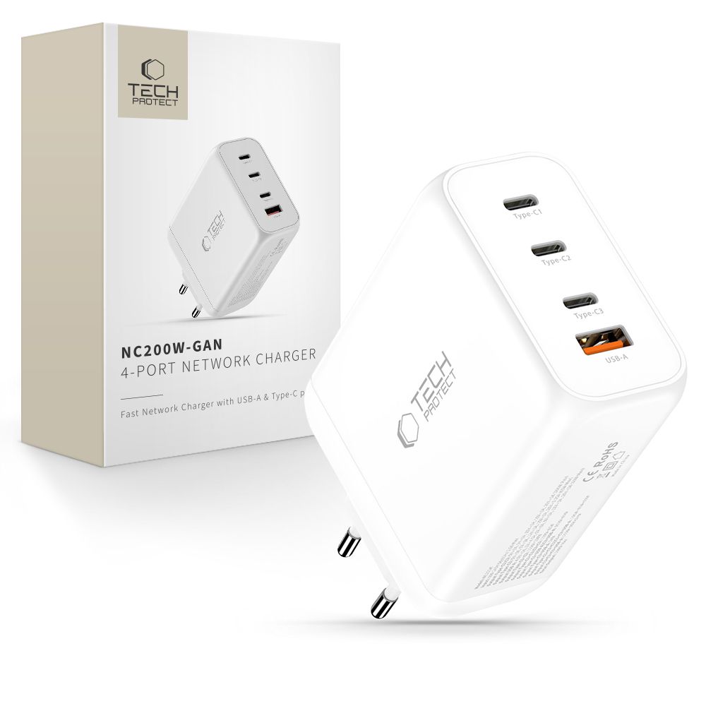 Tech-Protect NC200W-GaN 4-portiline 200W seinalaadija - valge