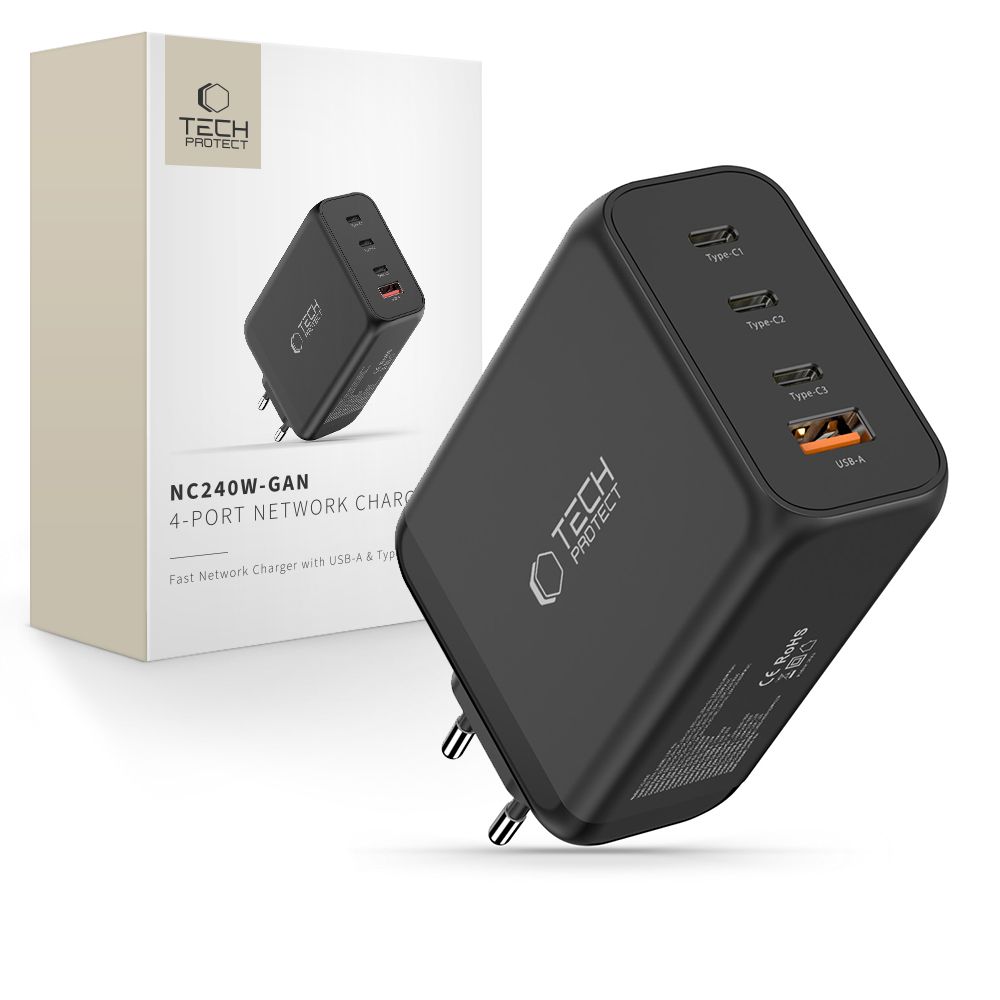 Tech-Protect NC240W-GaN 4-portiline 240W seinalaadija - must