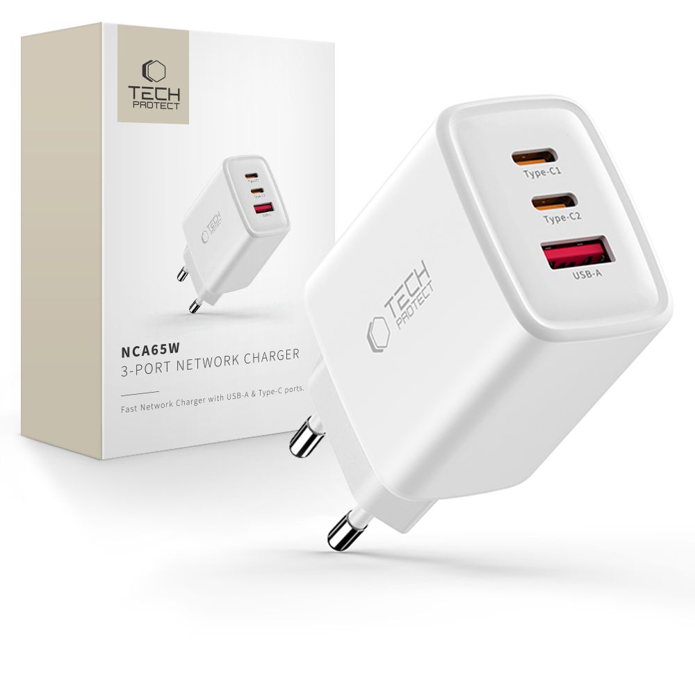 Tech-Protect NCA65W-GAN 3-portiline 65W seinalaadija - valge