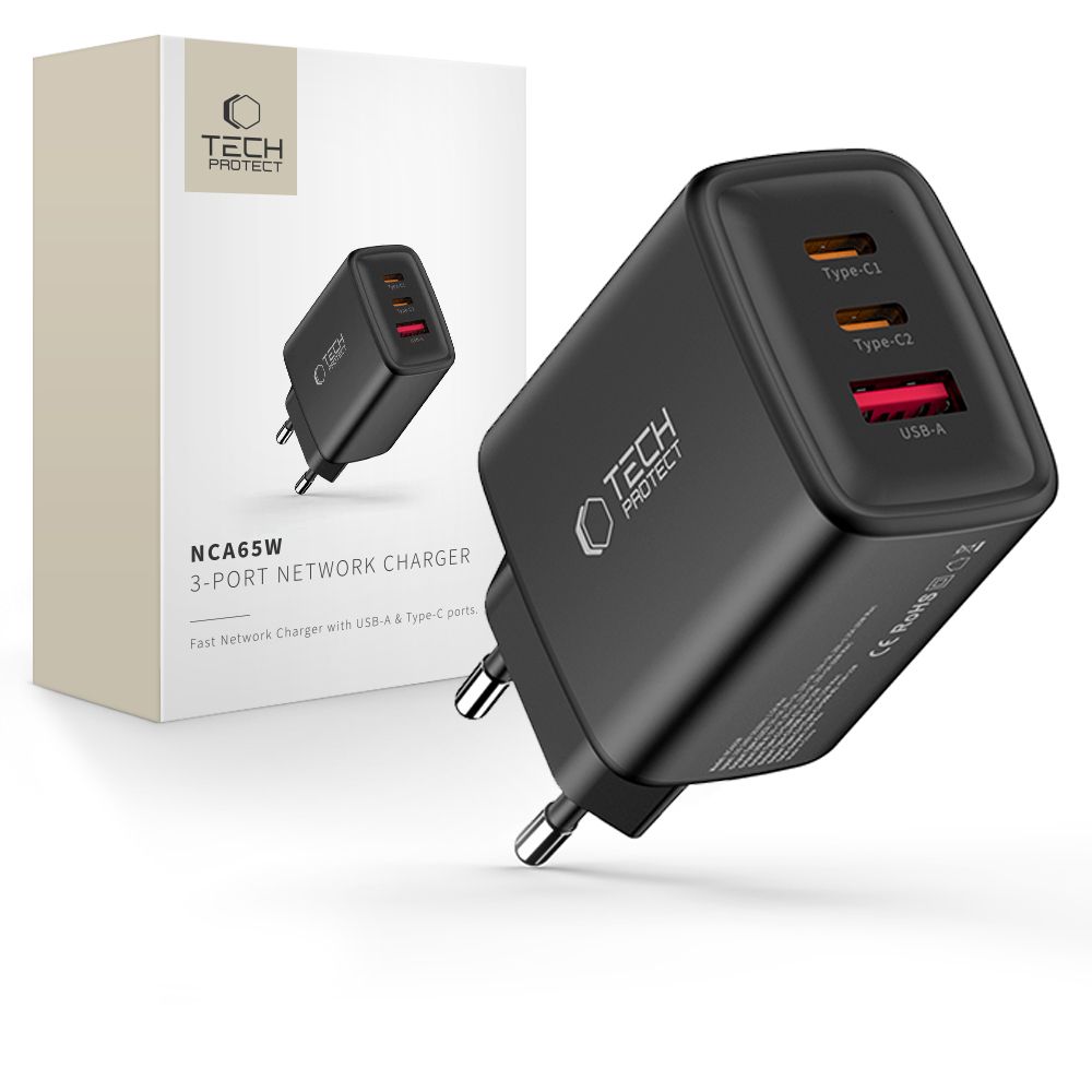 Tech-Protect NCA65W-GAN 3-portiline 65W seinalaadija - must