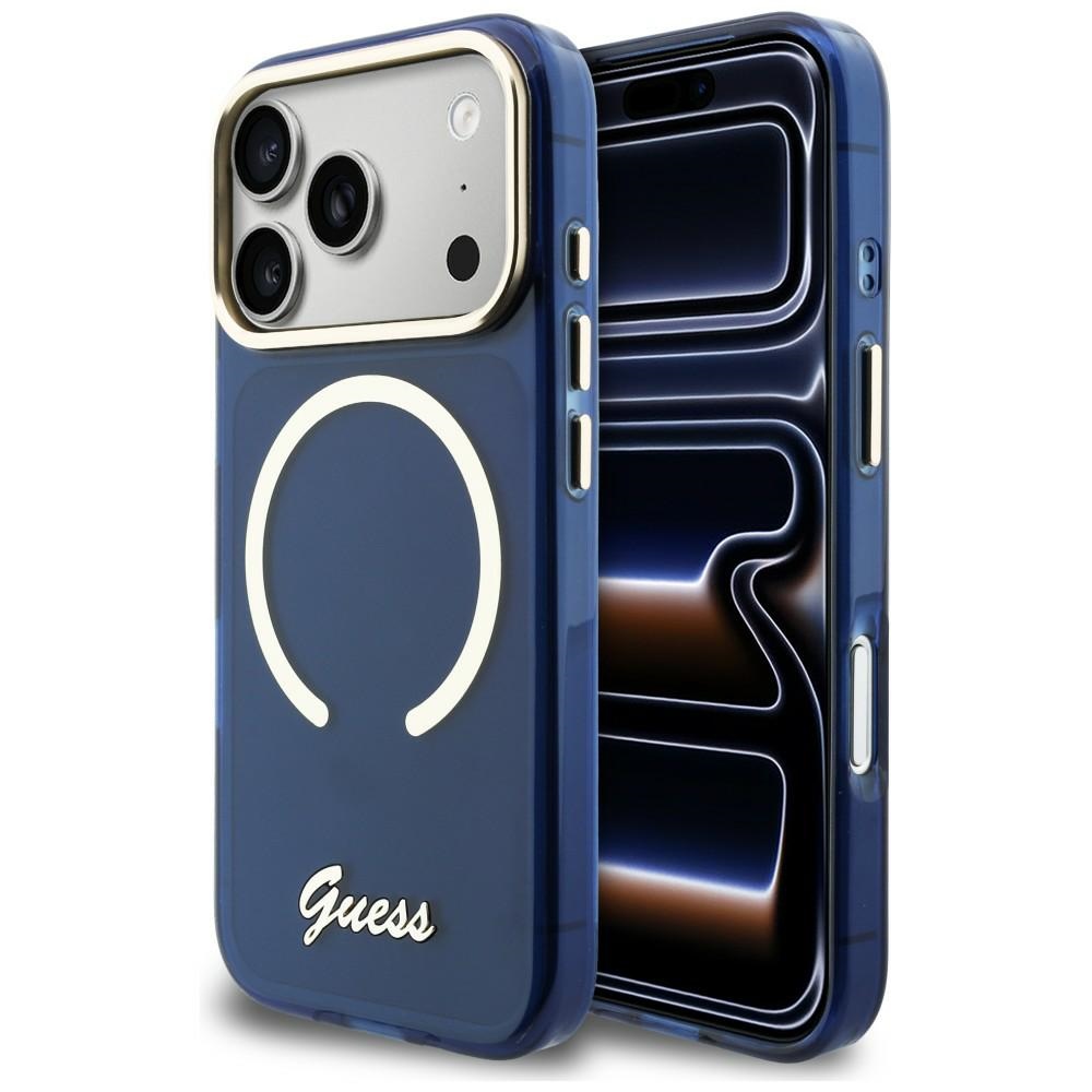 Guess IML Script Metal MagSafe Ümbris for iPhone 17 Pro - sinine