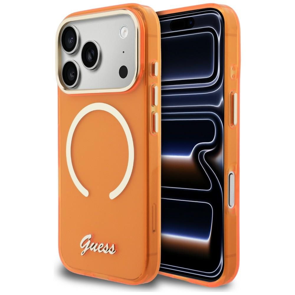 Guess IML Script Metal MagSafe Ümbris for iPhone 17 Pro - oranž