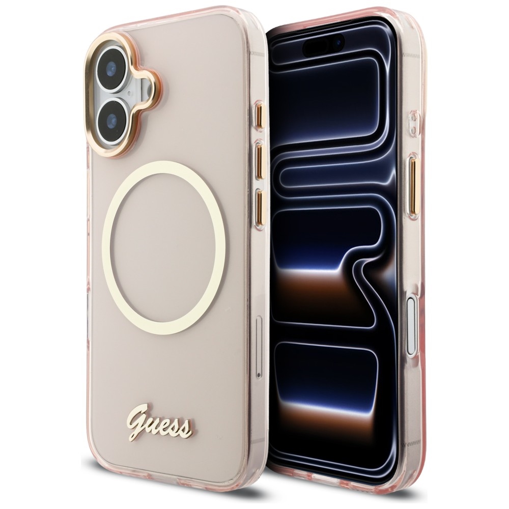 Guess IML Script Metal MagSafe Ümbris for iPhone 17 - roosa