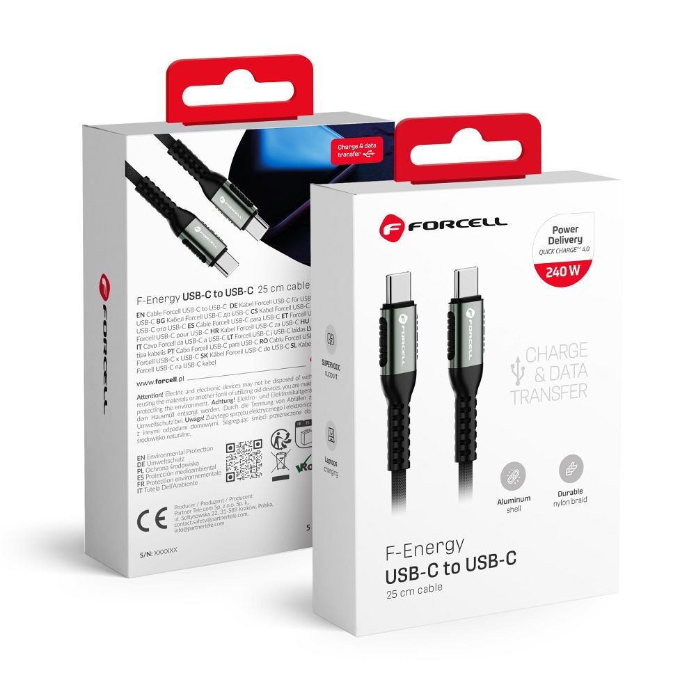 Kaabel USB C to USB C Forcell F-Energy QC4.0 PD 5A 240W Cafule 0,25 m C263 must