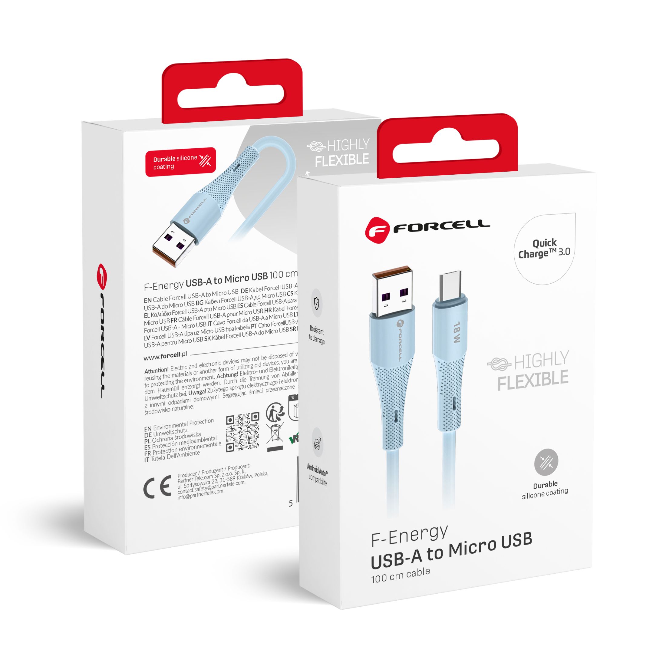 Kaabel USB A to Micro USB Forcell F-Energy QC3.0 2,4A 18W Silikoon 1 m C341 sinine