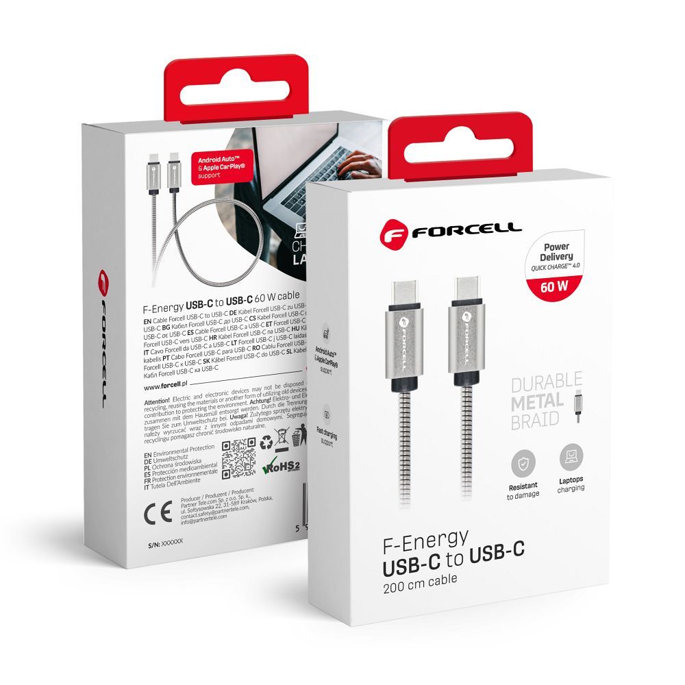 Kaabel USB C to USB C Forcell F-Energy QC4.0 PD 3A 66W Metal 2 m C237 hõbedane