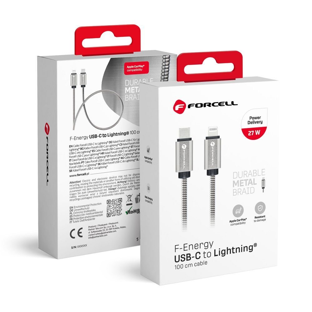 Kaabel USB C to Lightning Forcell F-Energy PD 3A 27W Metal 1 m C238 hõbedane