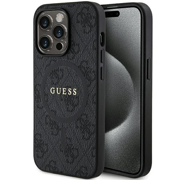 Guess 4G Collection Leather Metal Logo MagSafe Ümbris jaoks iPhone 15 Pro - must