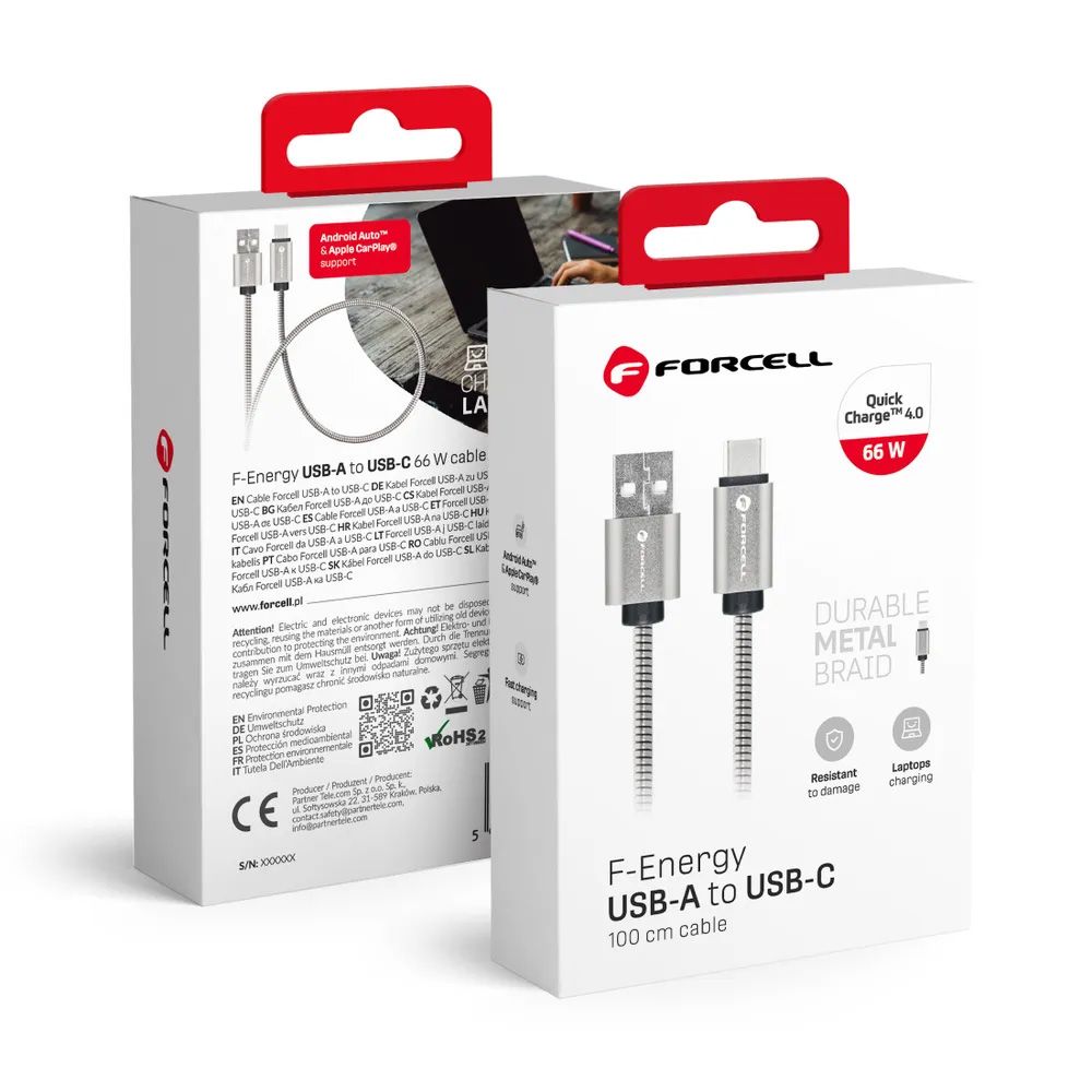 Kaabel USB A to USB C Forcell F-Energy QC4.0 3A 66W Metal 1 m C234 hõbedane
