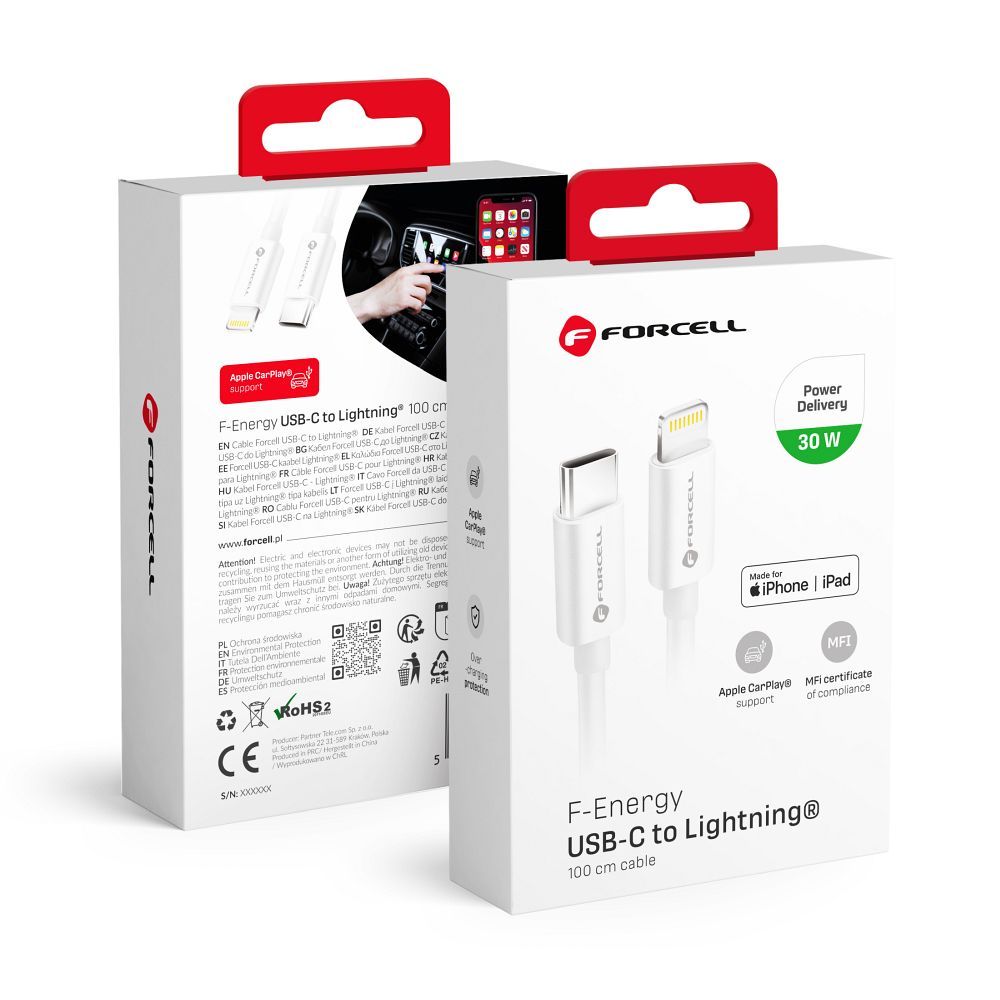 Кабель USB C - Lightning Forcell F-Energy MFi PD 3A 30W 1 м C901 белый