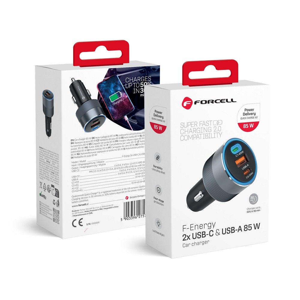 Car laadija Forcell F-Energy Alu 2 x USB C + USB A QC4.0 PD SFC2.0 3A 85W hall