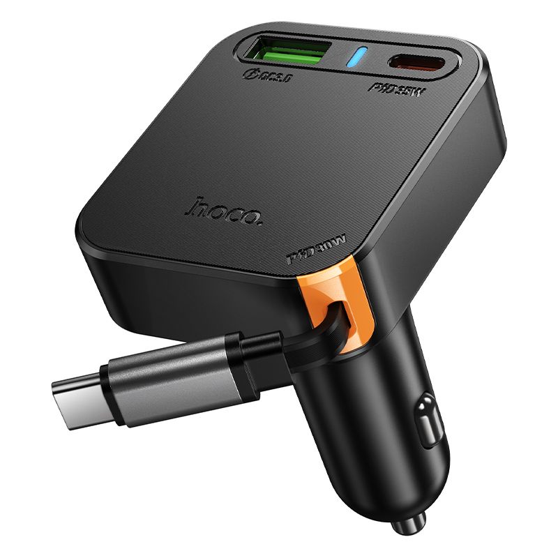 Автомобильное зарядное устройство Hoco с выдвижным кабелем 2 x USB C + USB A QC PD 65W NZ18 чёрное