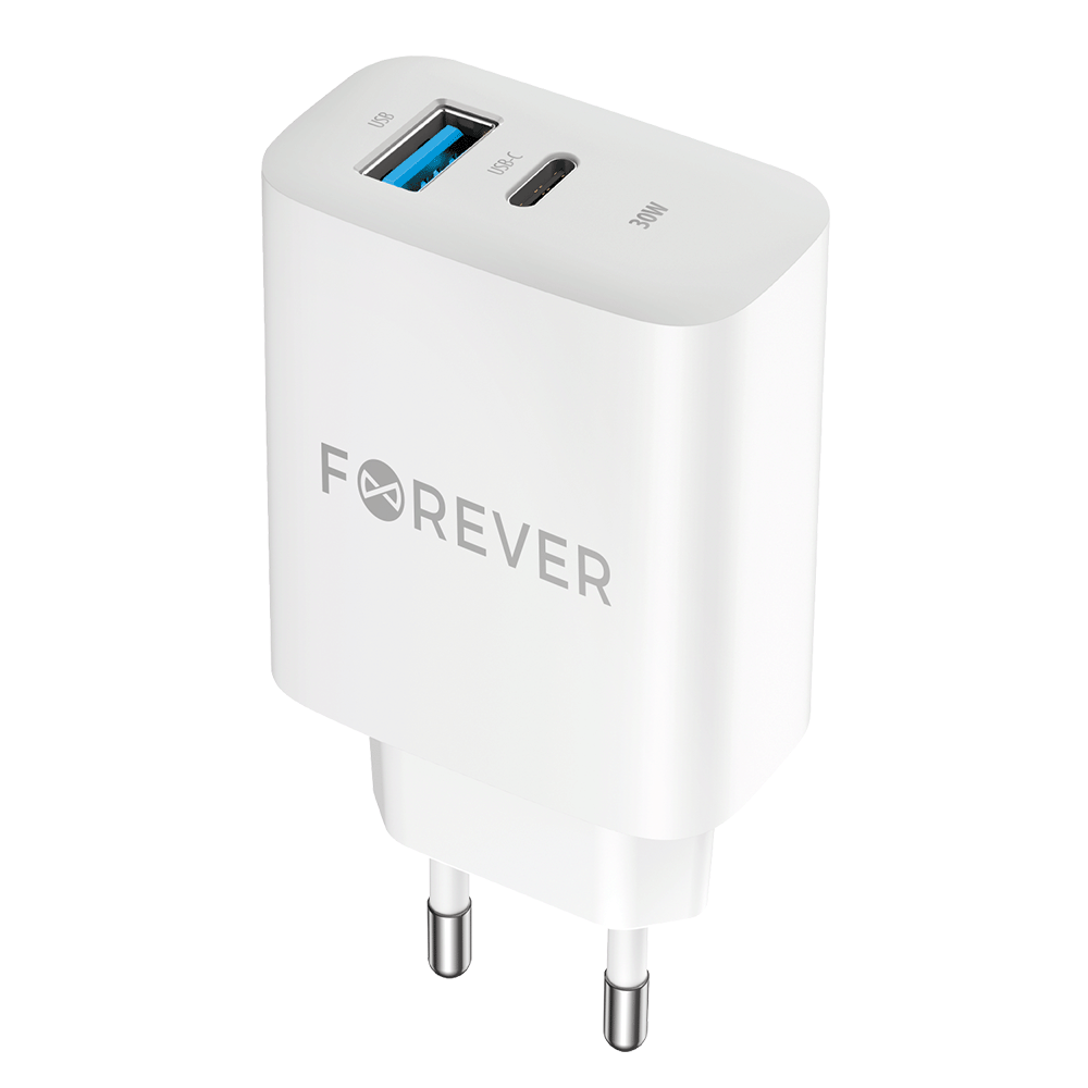 Forever TC-07-30AC PD QC laadija 1x USB-C 1x USB 30W valge
