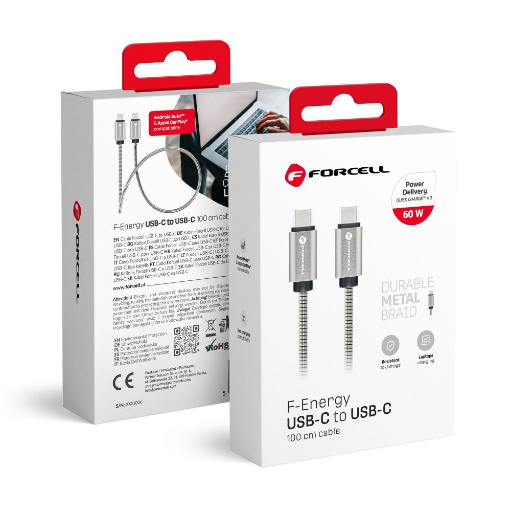 Kaabel USB C to USB C Forcell F-Energy QC4.0 PD 3A 60W Metal 1 m C237 hõbedane