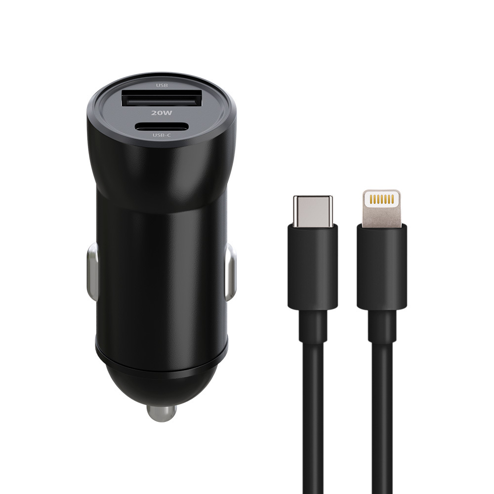 Maxlife MXCC-04 PD QC autolaadija 1x USB-C 1x USB 20W must + USB-C - Lightning kaabel 27W