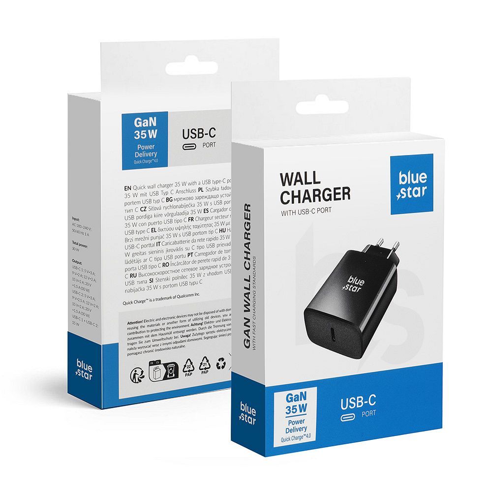 Blue Star TFB-TC-35WPD 35W USB-C QC 4.0 / PD 3A laadija, must
