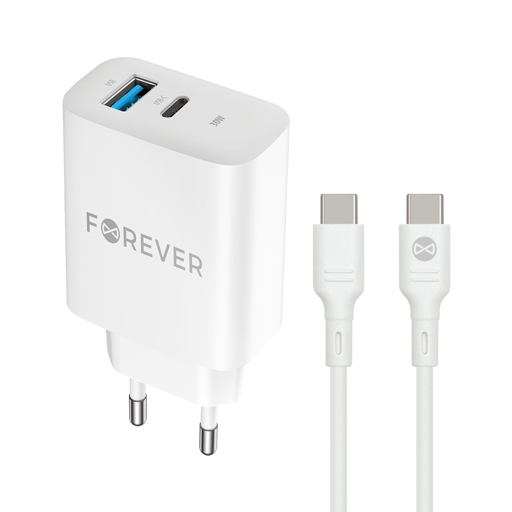 Forever TC-07-30AC PD QC laadija 1x USB-C 1x USB 30W valge + USB-C - USB-C kaabel 60W