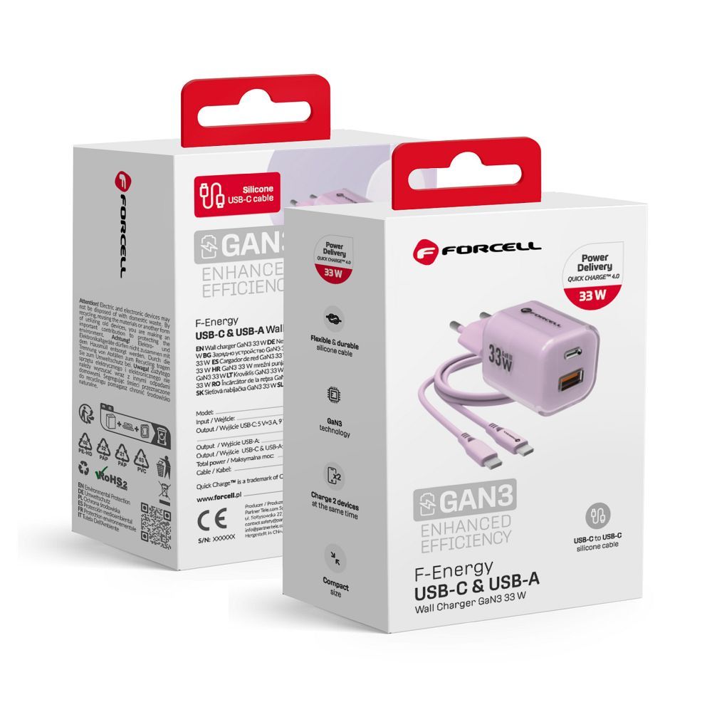 Phone laadija Forcell F-Energy GaN III Crystal Color USB C + USB A QC4.0 PD 33W + silikoon kaabel USB C to USB C VT-41 purple 0INT