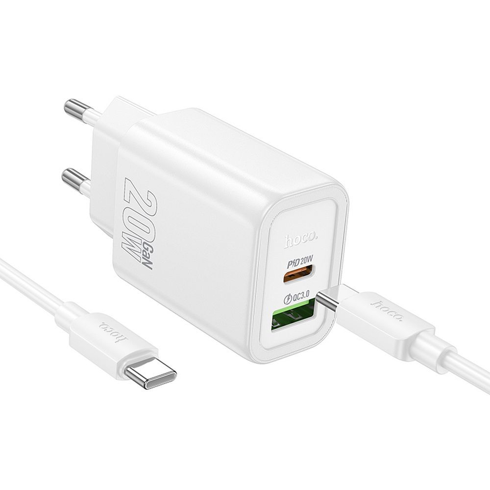 Phone Laadija Hoco USB A + USB C QC3.0 PD 3A 20W + Kaabel USB C to USB C N61 valge