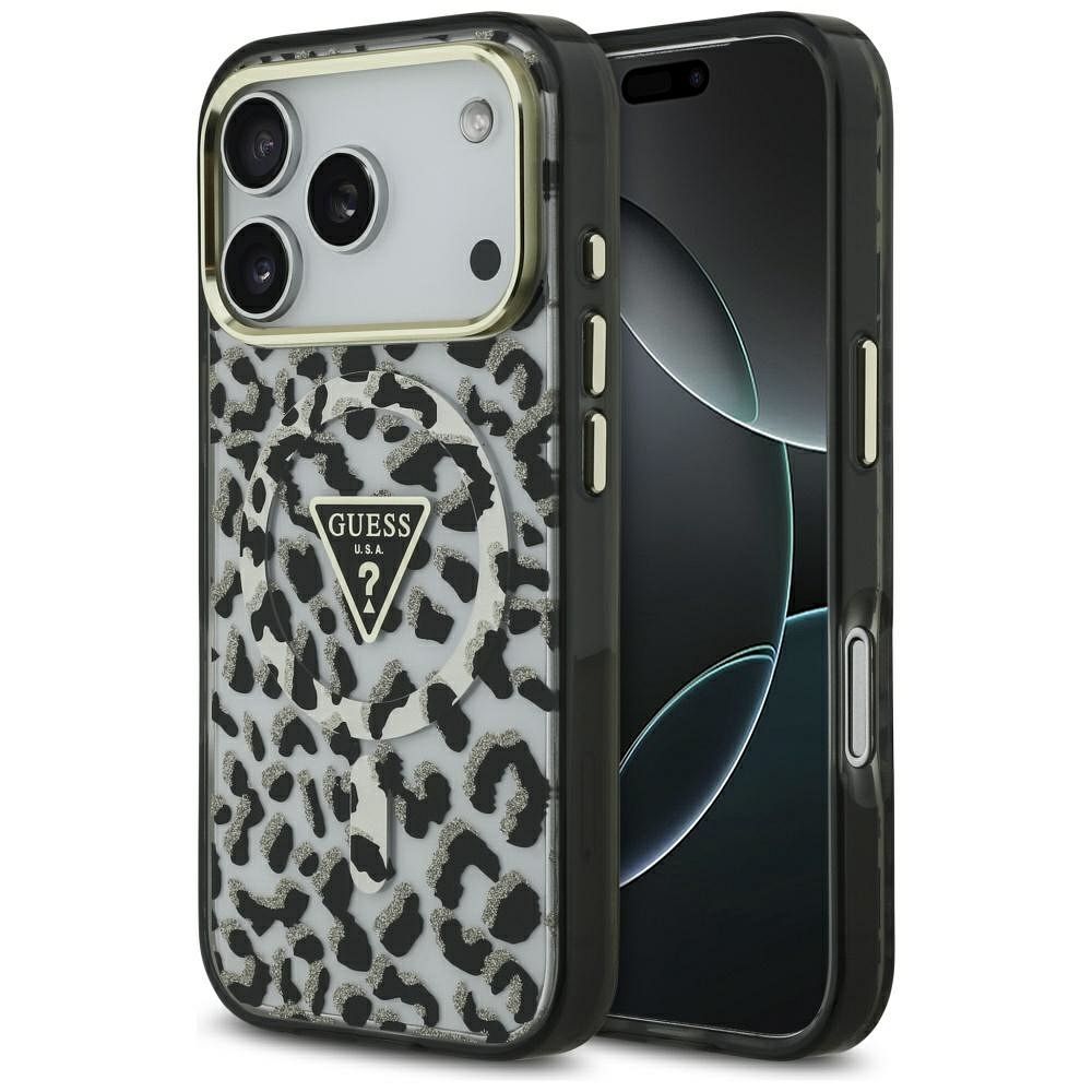 Чехол GUESS для IPHONE 17 Pro совместимый с MagSafe GUHMP17LHLEGTGLK (PC TPU W/ Leopard Glitter) чёрный