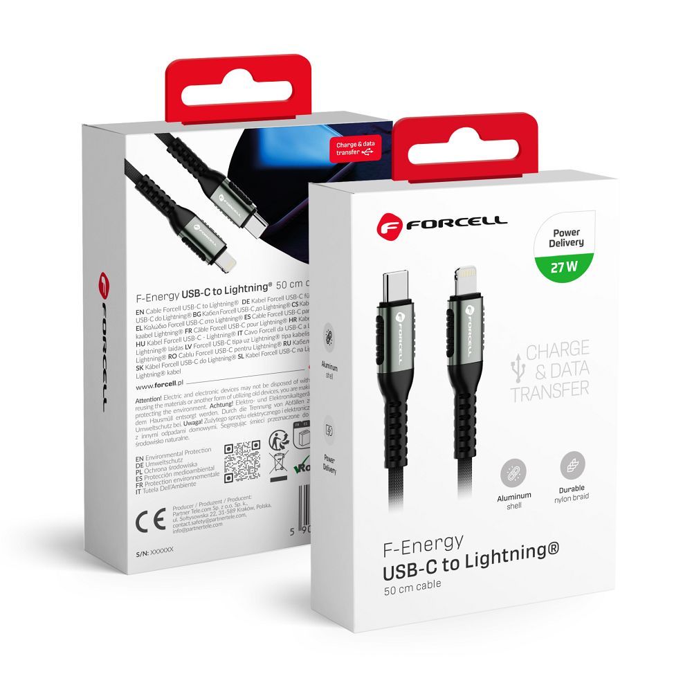 Kaabel USB C to Lightning Forcell F-Energy PD 3A 27W Cafule 0,5 m C259 must