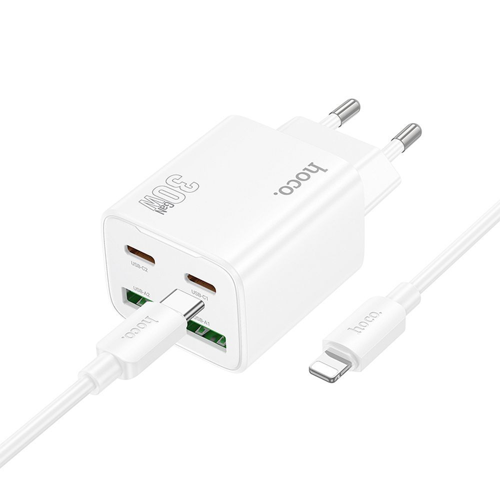 Phone Laadija Hoco 2 x USB C + 2 x USB A QC3.0 PD 3A 30W + Kaabel USB C to Lightning N56 valge