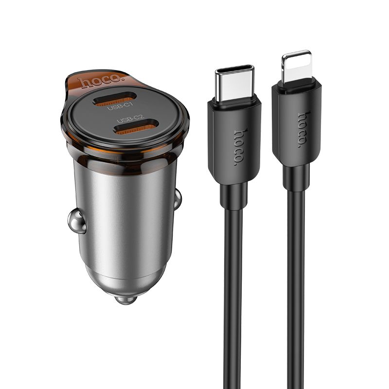Автомобильное зарядное устройство Hoco 2 x USB C QC PD 45W + кабель USB C to Lightning NZ16B металл серое
