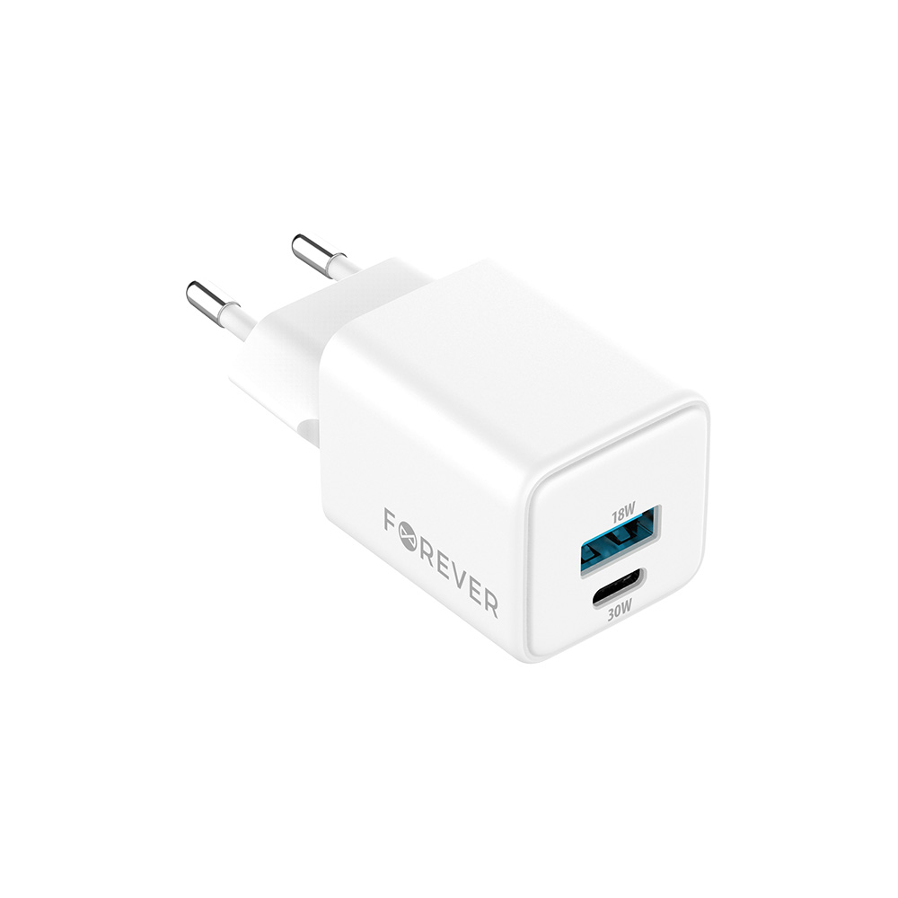 Forever TC-08-30AC GaN PD QC laadija 1x USB-C 1x USB 30W valge