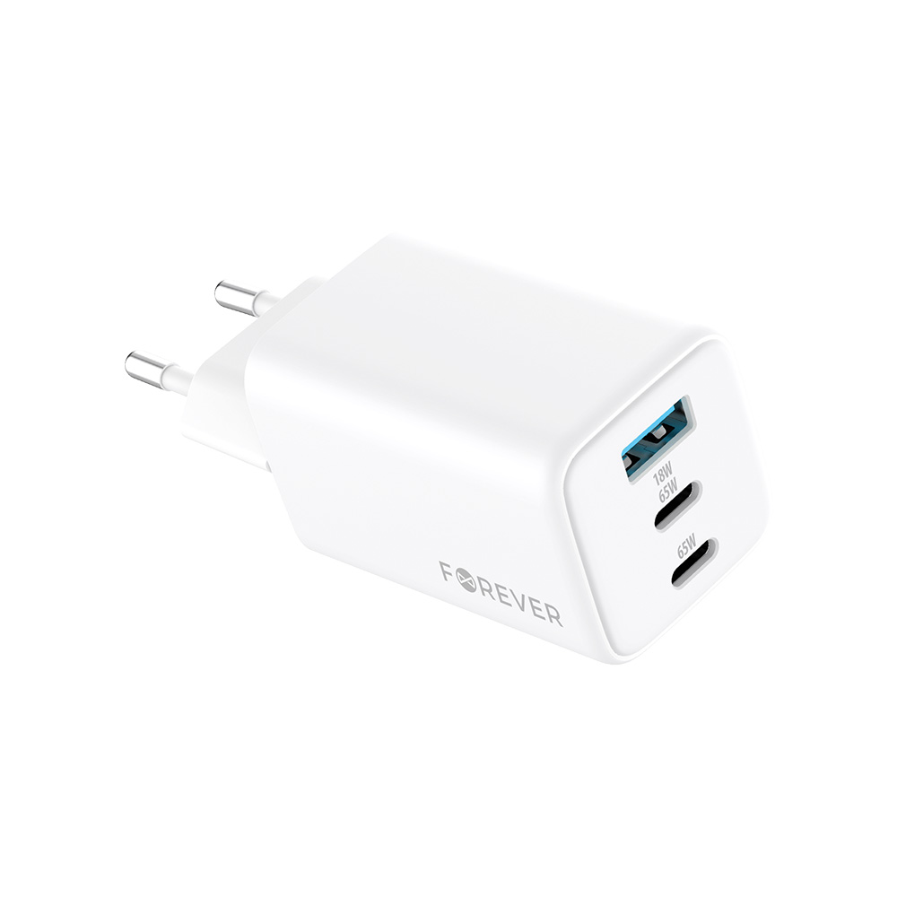 Forever TC-08-65ACC GaN PD QC laadija 2x USB-C 1x USB 65W valge
