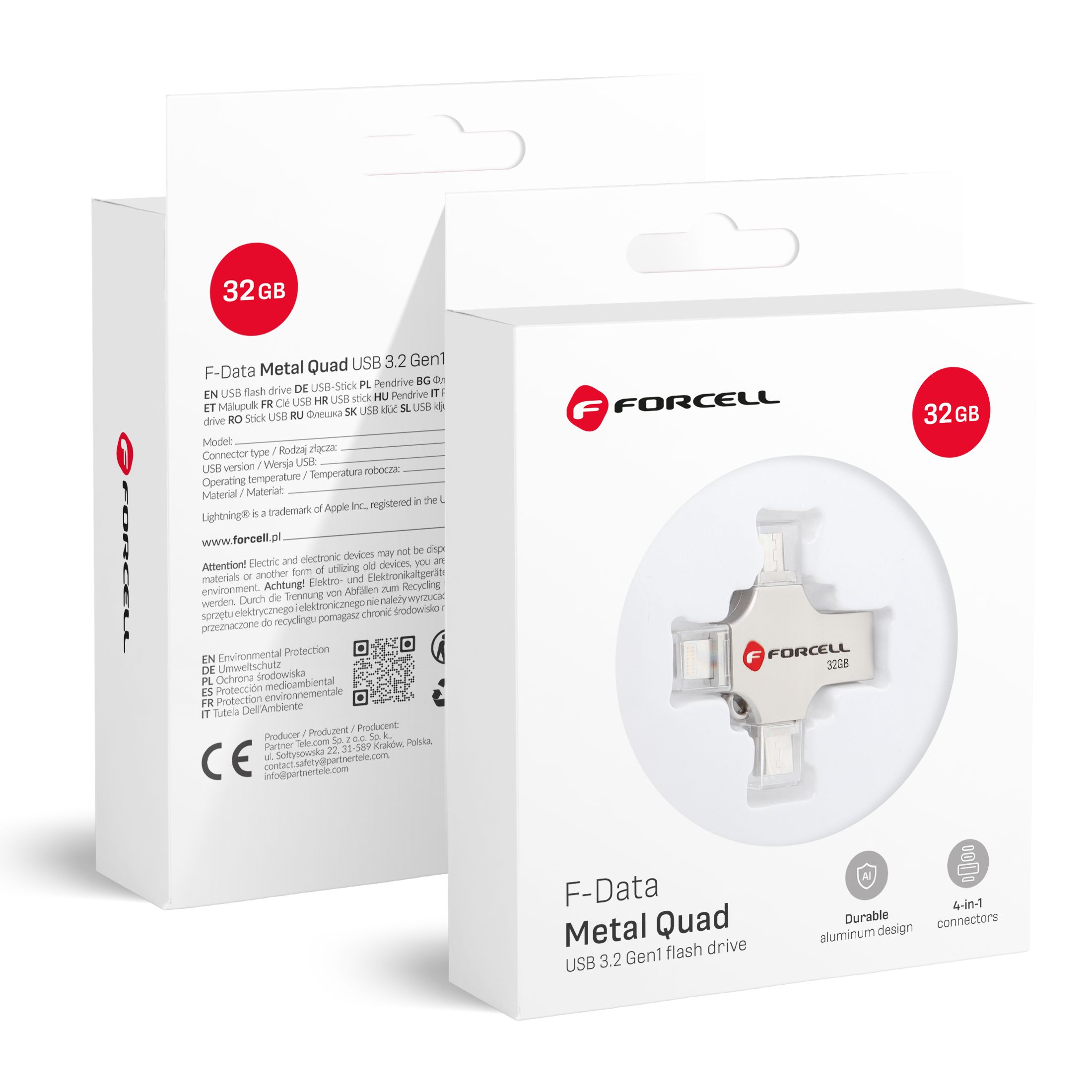 Pendrive 32GB USB 3.2 Gen 1 (USB A / USB C / Lightning / Micro USB) Forcell F-Data Metal Quad hõbedane