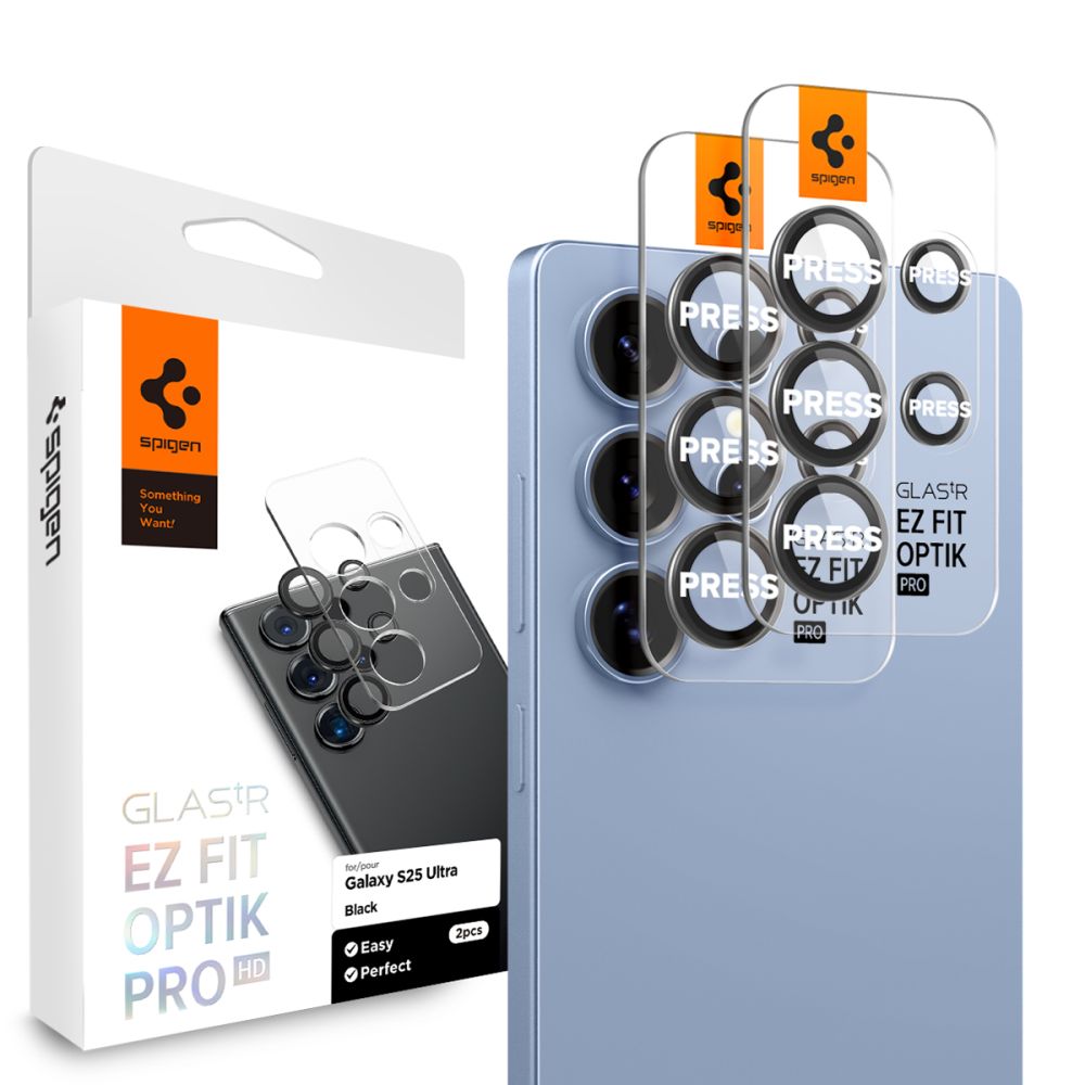 Spigen Optik Pro GLAS.TR EZ FIT 2-pack Camera Cover jaoks Samsung Galaxy S25 Ultra - must