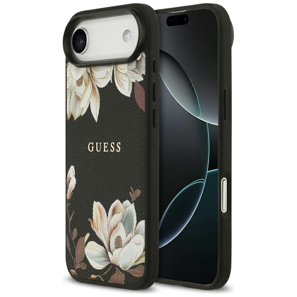 Guess Grained Flowers Classic Logo MagSafe ümbris jaoks iPhone Air - must