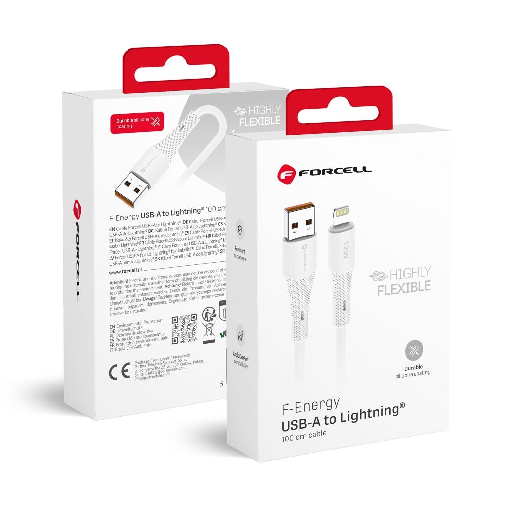 Kaabel USB A to Lightning Forcell F-Energy 2,4A 12W Silikoon 1 m C343 valge