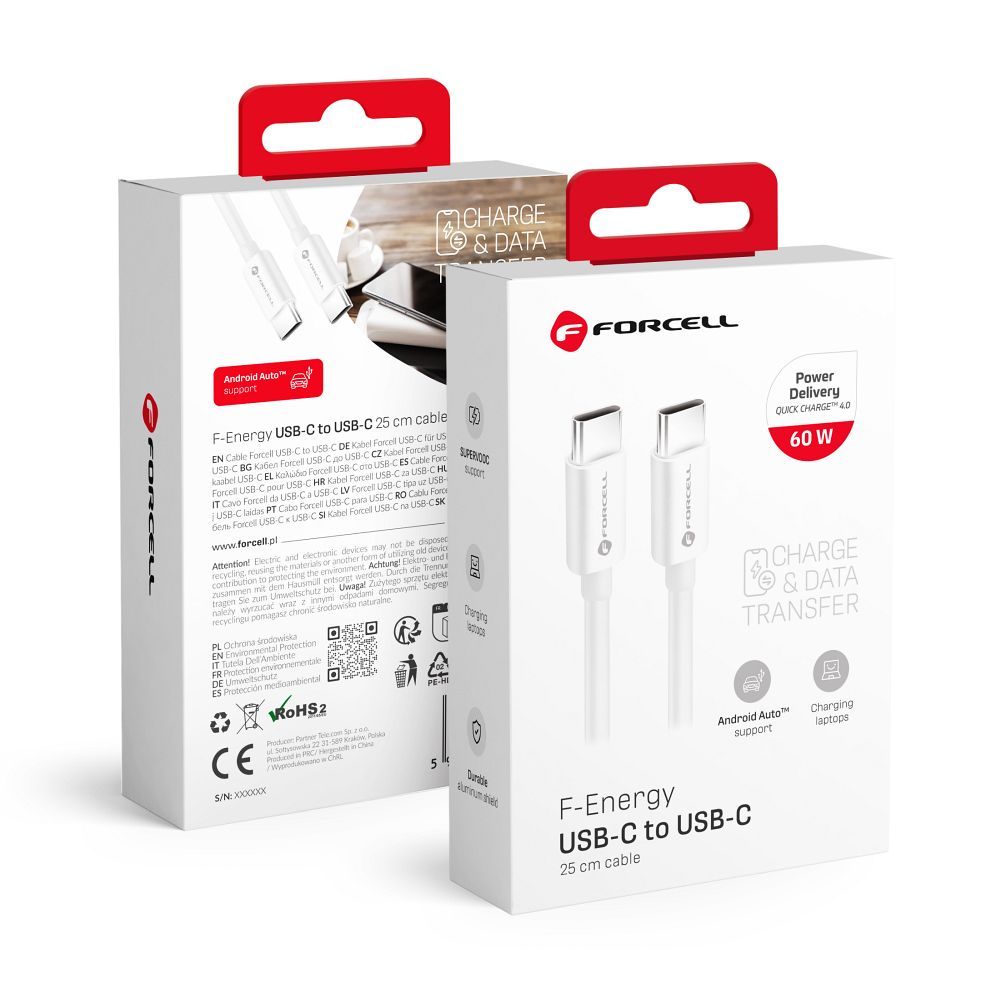 Kaabel USB C to USB C Forcell F-Energy QC4.0 PD 3A 60W 0,25 m C338 valge
