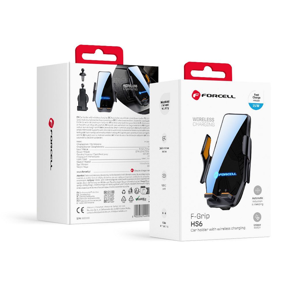 Juhtmevaba car phone hoidja Forcell F-Grip HS6 15W windshield / air vent must